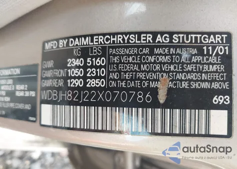 2002 Mercedes-Benz E 320 4M из США, поврежденный, VIN WDBJH82J22X070786